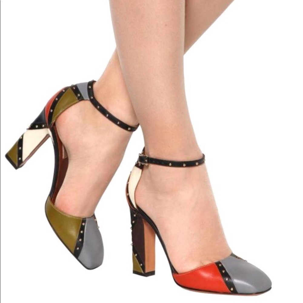 Valentino color-block patchwork ankle strap pumps